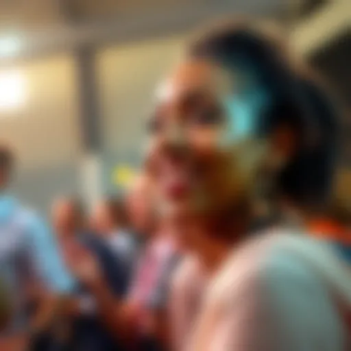 Fresh Elizabeth smiling confidently in a vibrant setting, engaging with a crowd.