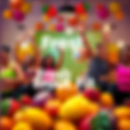 People participating in a lively workout session with vibrant fruits around them, showcasing fun fitness activities.