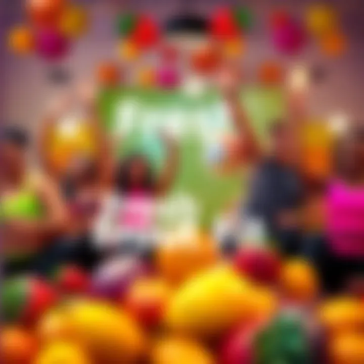 People participating in a lively workout session with vibrant fruits around them, showcasing fun fitness activities.