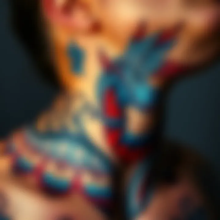 A close-up view of a newly completed neck tattoo featuring intricate designs inspired by the character Uta, showcasing vibrant colors and detailed artistry.