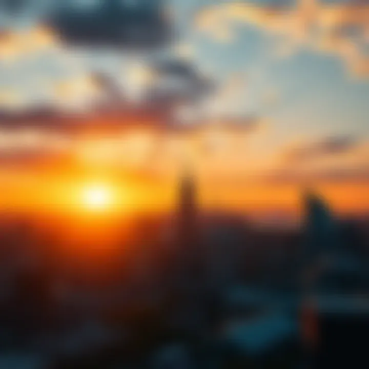 A bright sunrise over a city skyline symbolizing new beginnings and opportunities
