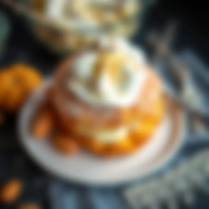 A semla bun filled with almond paste and topped with whipped cream and powdered sugar, sitting on a plate