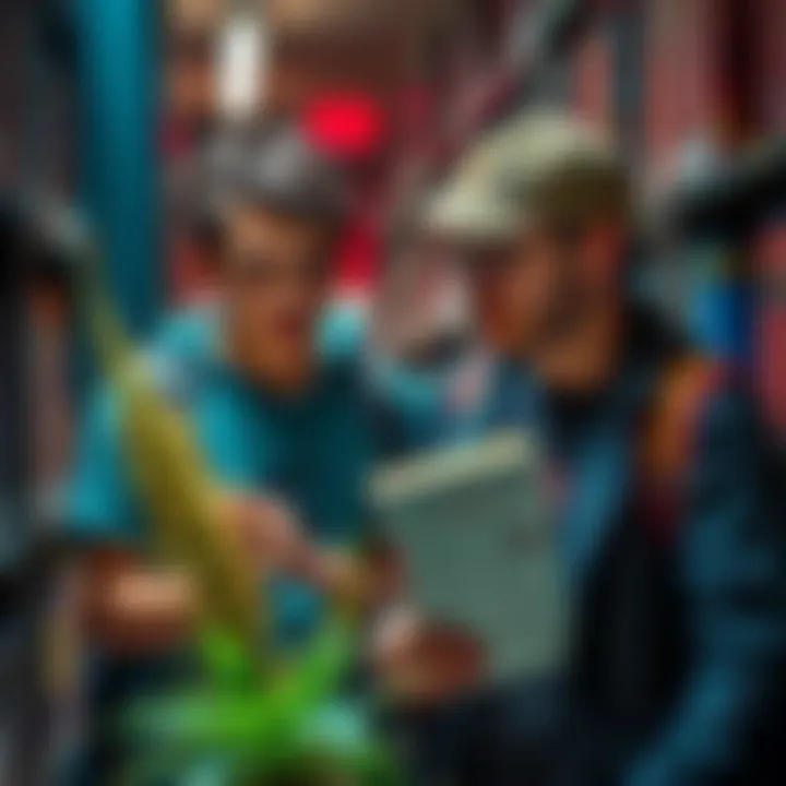 A freshman student nervously holds a textbook with a thorny plant nearby, while an upperclassman watches in surprise inside a library.