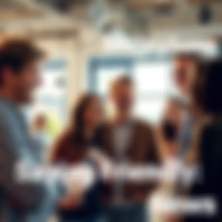 A group of people smiling and talking in a bright, casual setting, showing positive communication.