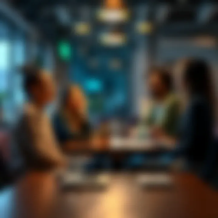 A group of friends gathered around a table, laughing and debating about Mina's intelligence, with one friend looking confused and another animatedly sharing their thoughts.