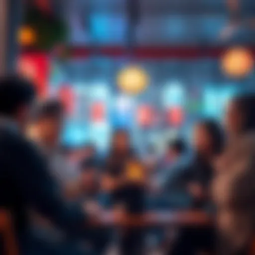 A group of young adults engaged in a lively conversation about Oni Chan at a café, showcasing their interest in modern culture.