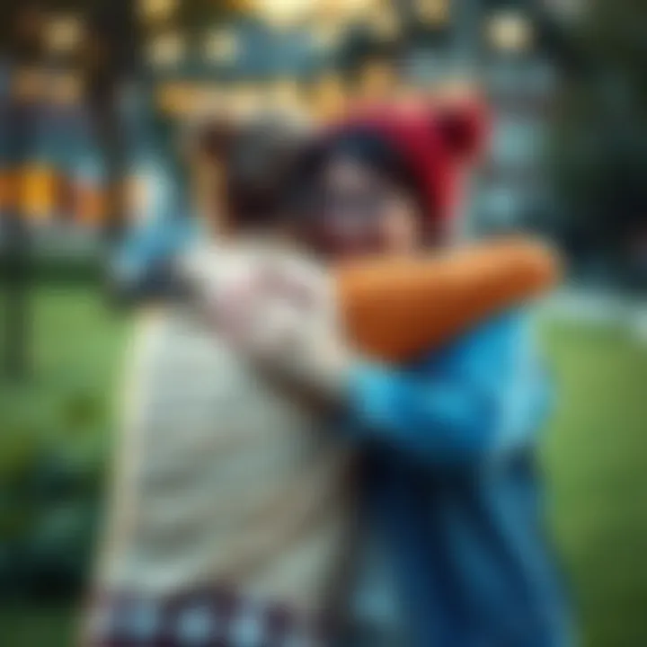 A joyful scene of two friends hugging tightly outdoors, showcasing love and support