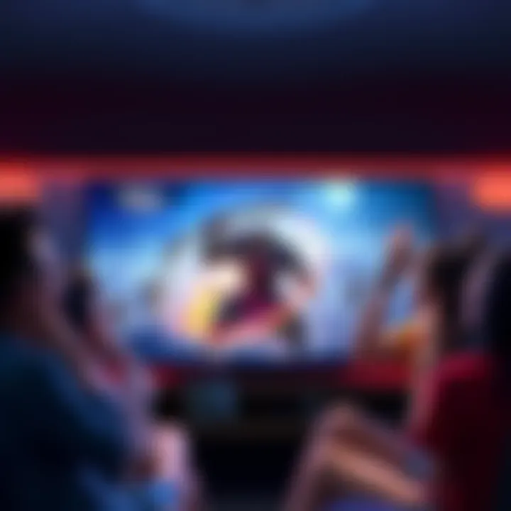 Friends Reacting to Yuji vs Dabura A group of friends laughing and cheering as they watch Yuji battling Dabura and greenskins on a screen.