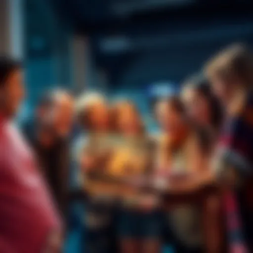 People enjoying a fun moment together A group of friends laughing and sharing memories while looking at a piece of artwork