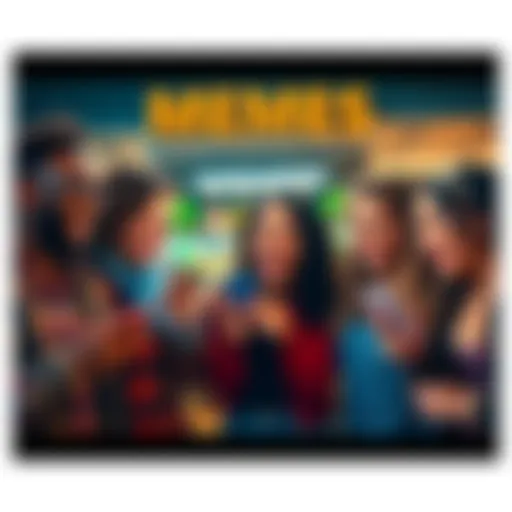 A diverse group of friends laughing together while looking at memes on their phones, showcasing the humor and connection memes bring across cultures.