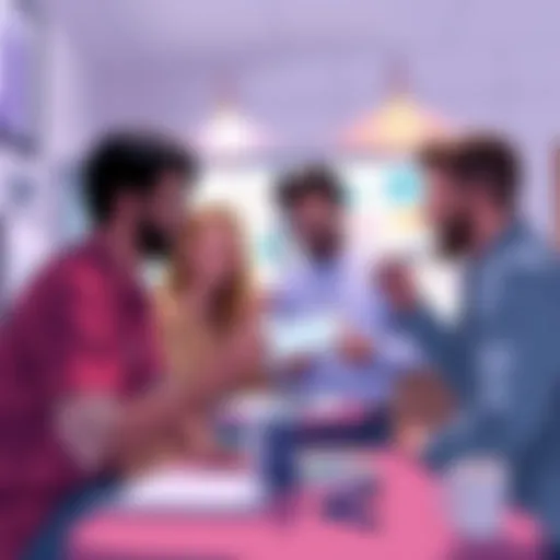 A group of friends creating art sketches on a virtual whiteboard, sharing ideas and laughing.
