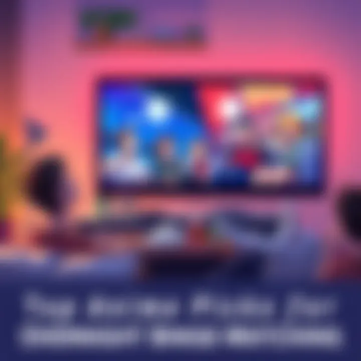 A group of friends sitting on a couch, laughing and enjoying anime on a large screen, with snacks around them, ready for an overnight binge-watching session.