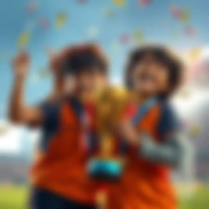 Two childhood friends joyfully celebrating their win with a trophy in hand, smiling and embracing each other.