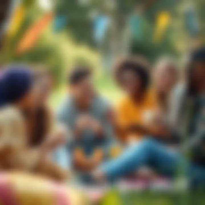 A diverse group of friends laughing and enjoying a picnic in a park, surrounded by nature and sharing snacks.