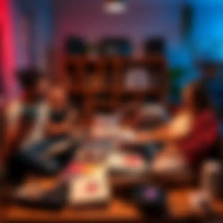 A group of friends sitting in a cozy living room, sharing their favorite music genres, with colorful album covers displayed around them.