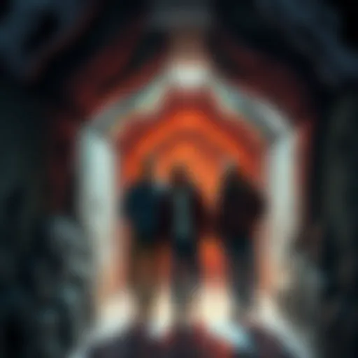 A group of friends walking inside the crypt at Shuwa, looking around with excitement.