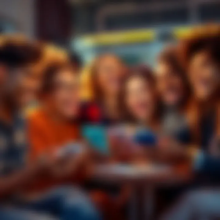A diverse group of friends sharing a fun moment, laughing and enjoying memes on their phones, representing the joy of Delightful Memery