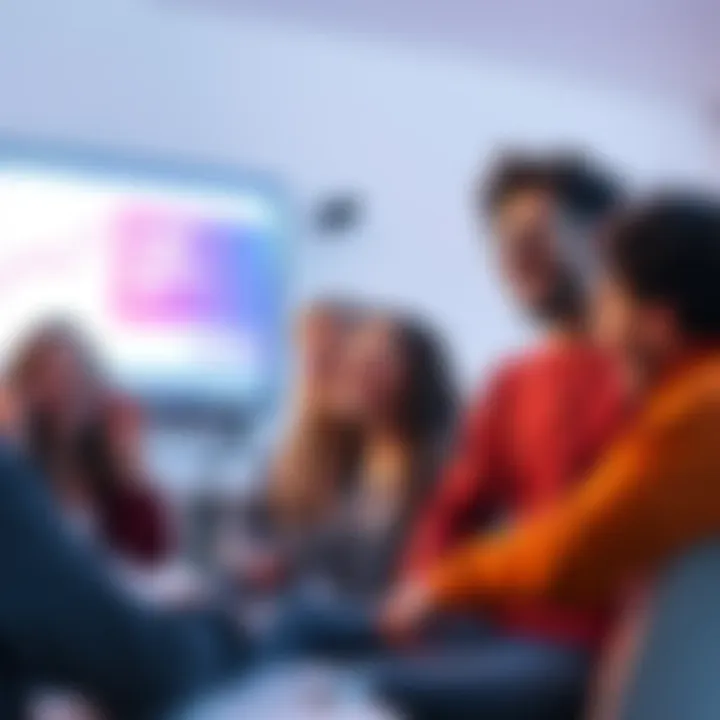A group of friends laughing together while watching a presentation slide on a screen