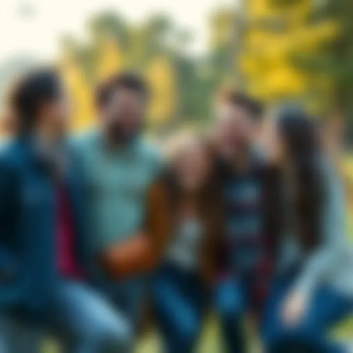 A group of friends laughing and playing together in a park, enjoying lighthearted moments.