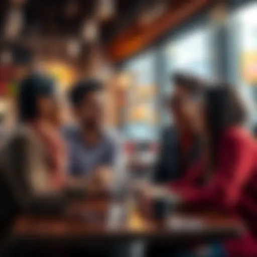 A diverse group of friends sharing a laugh while talking in a café, showing the importance of humor in communication