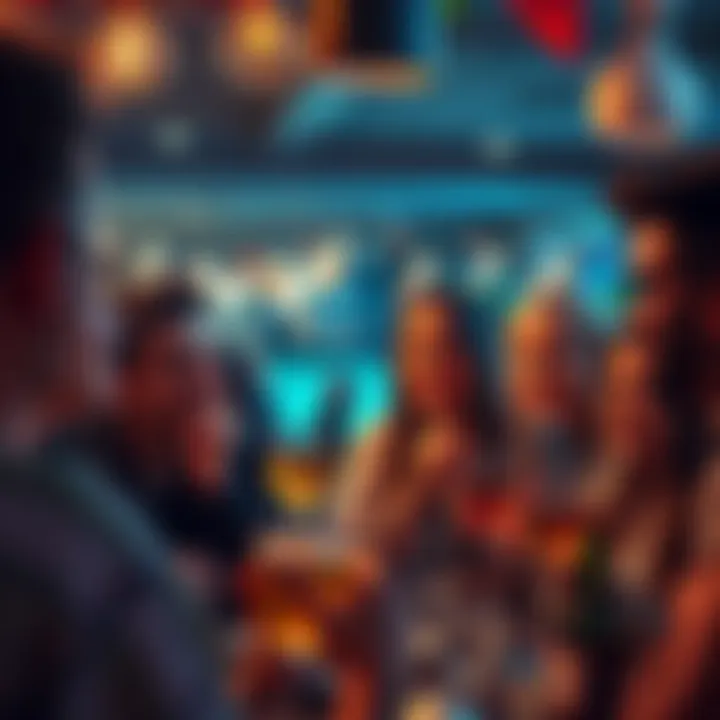 A lively scene showing a group of friends enjoying a social gathering. Some people appear surprised by an uninvited guest who just arrived, reflecting mixed reactions in their expressions.