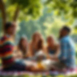 People enjoying a picnic in the park A group of friends laughing and sharing food during a sunny picnic in the park