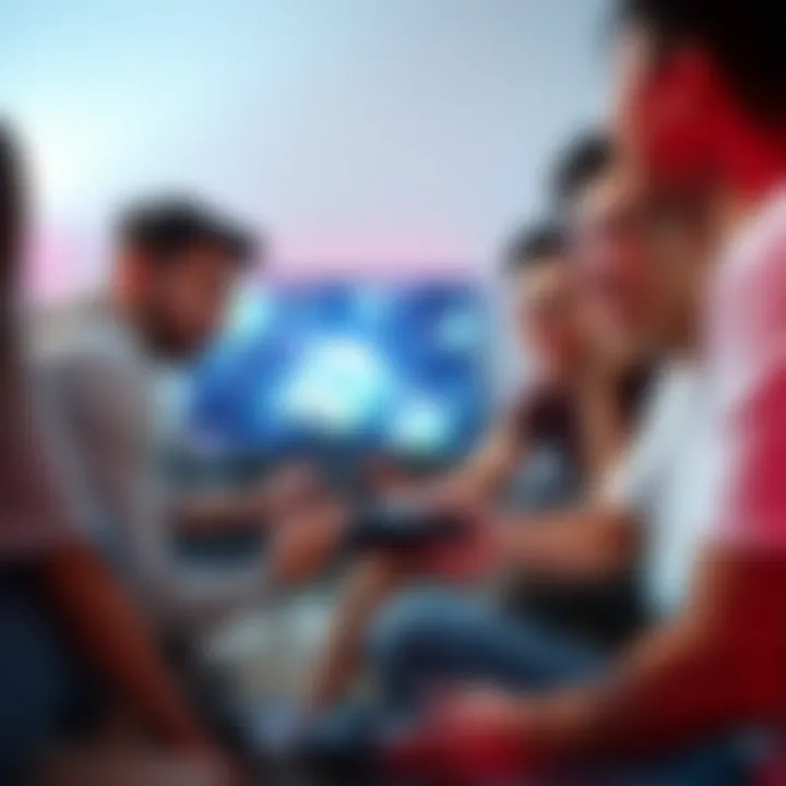 A group of friends gathered around a TV, excitedly playing a new co-op video game that features a unique Among Us mode with revamped rewards. They are engaged and discussing strategies together.