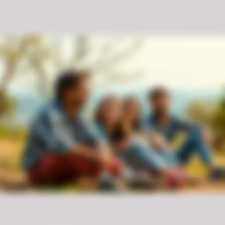 A group of friends sitting together, smiling and reminiscing about their past adventures, surrounded by nature.