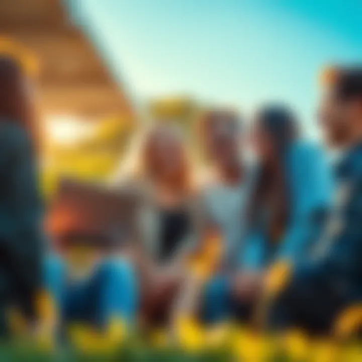 Friends Sharing Moments Together A group of friends laughing and chatting outdoors, enjoying each other's company, reflecting modern friendships.