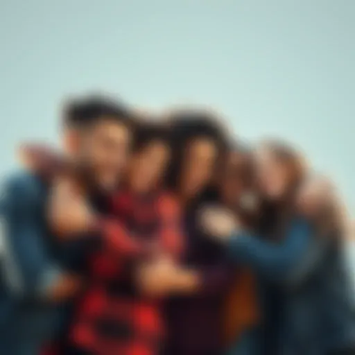 A group of diverse friends smiling and embracing each other, representing support and connection.