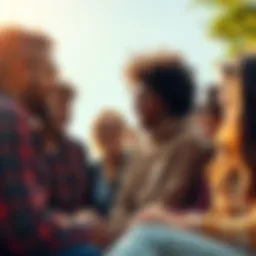 A diverse group of people laughing and chatting outdoors, symbolizing connection and community