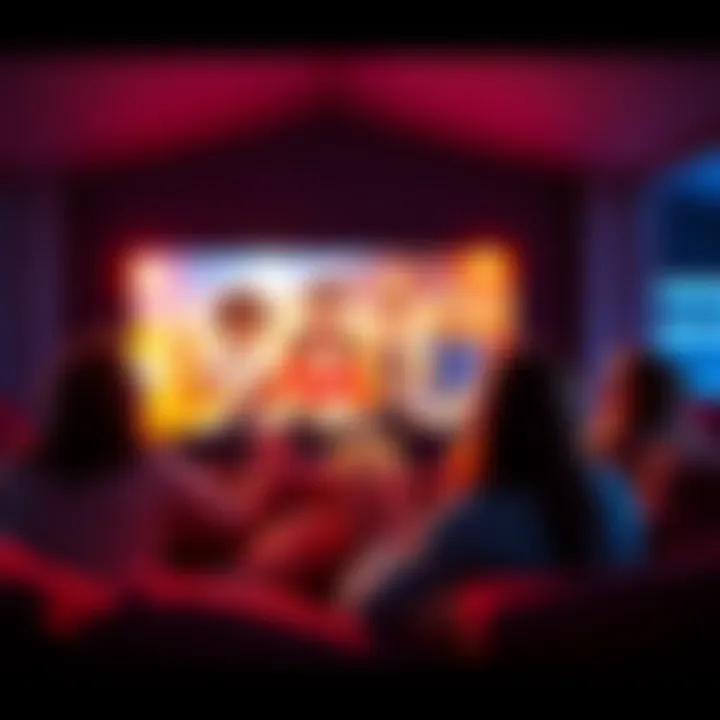 A group of friends enjoying a fun movie night, watching Edgerunners on a large screen. They are laughing and sharing popcorn, excited about the show.
