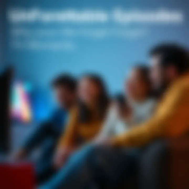 Group of friends watching TV A group of friends sitting together on a couch, watching a television show with expressions of laughter and surprise, highlighting shared moments