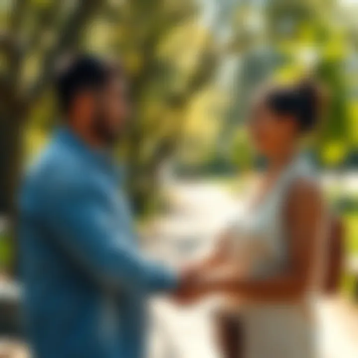 A man and a woman from different backgrounds meeting and smiling while shaking hands in a sunny park setting.