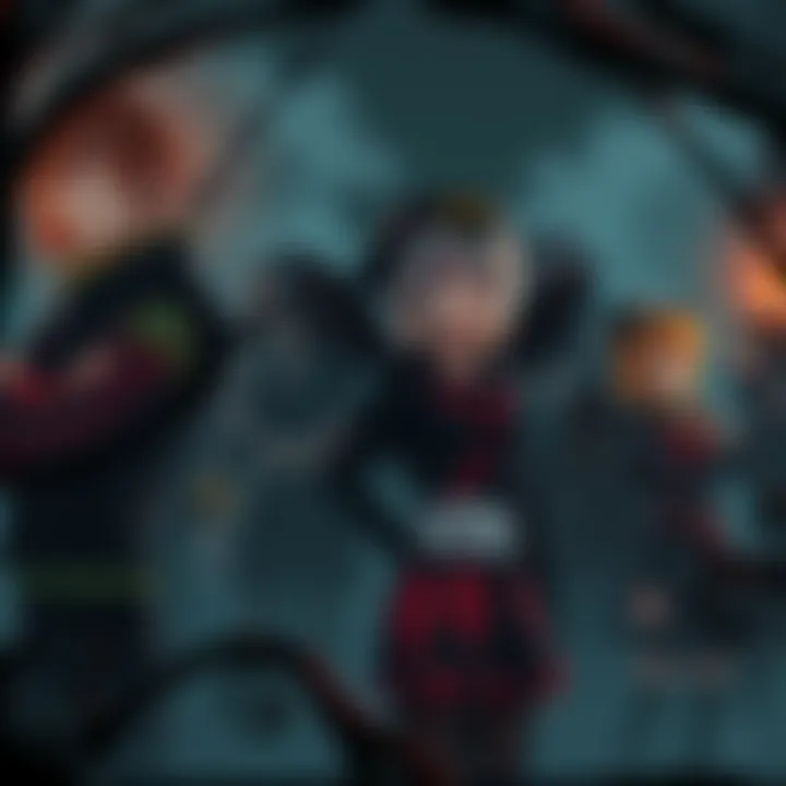 Frieren and companions dressed in gothic outfits, surrounded by dark, moody scenery.