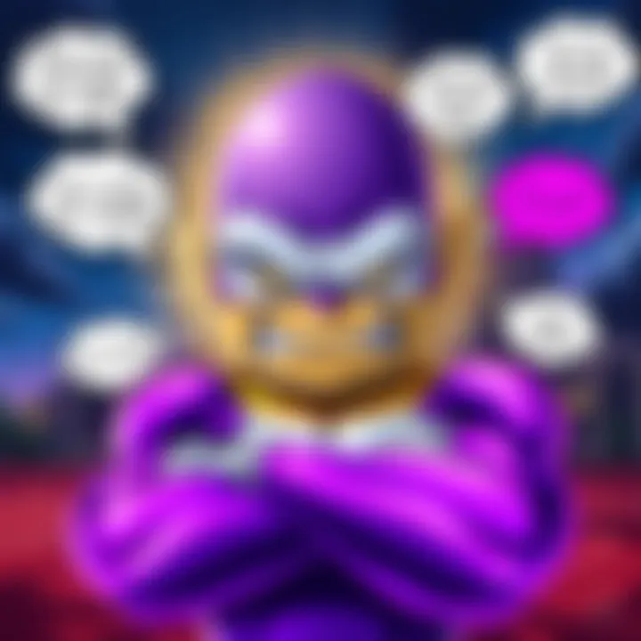 Frieza Looks Angry Frieza, a colorful, alien character with a scowling face and crossed arms, surrounded by funny thought bubbles depicting silly reasons for his anger.