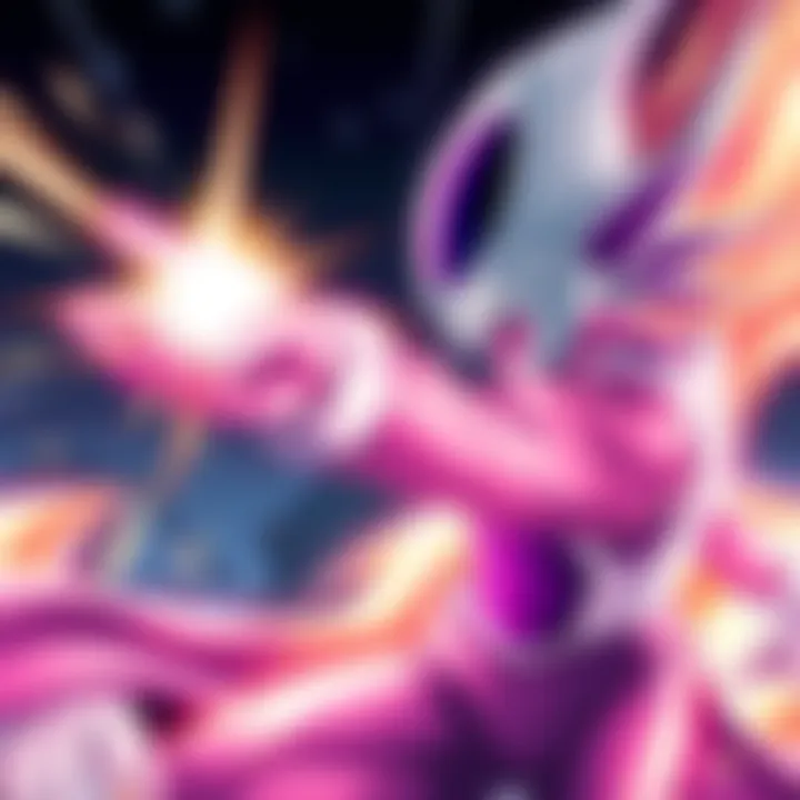 Frieza, a powerful alien character, is firing a bright energy beam from his finger with intense focus, showcasing his strength and menace in a dramatic pose.