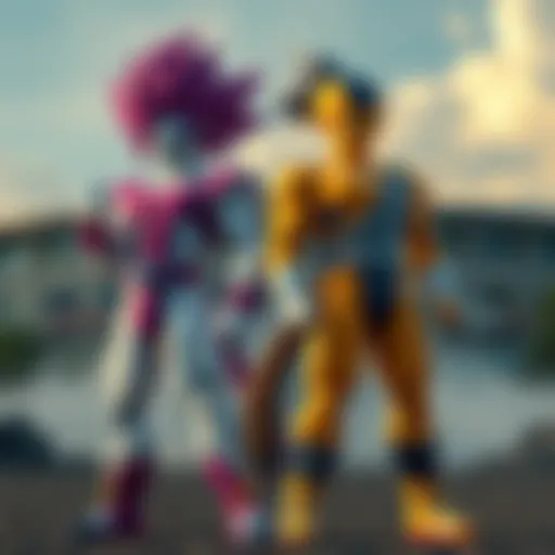 Frieza and Gogeta stand together, showcasing their powerful poses in a dynamic setting, ready to enhance the Omega team's strategies.