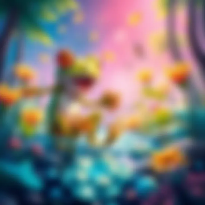 Frog Catcher Cirno Artwork A colorful illustration of Cirno catching frogs in a vibrant setting, surrounded by nature