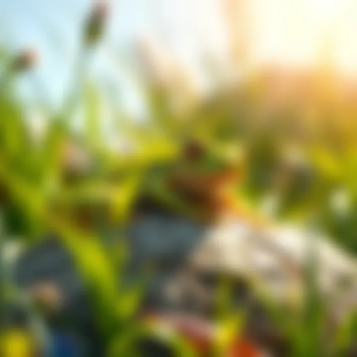 A green frog resting on a rock under sunlight, surrounded by grass and plants, enjoying a peaceful nap.