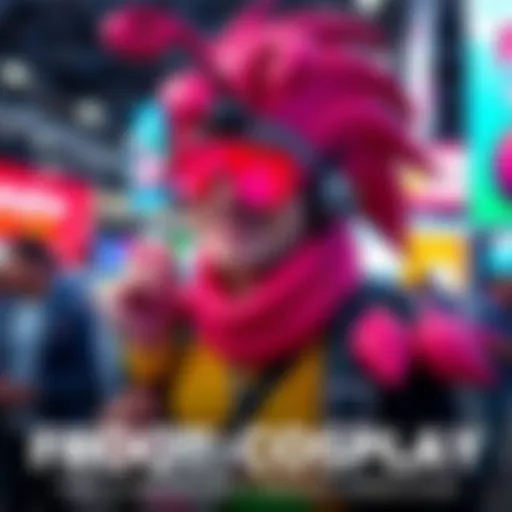 A fan dressed as Froot showcasing an impressive costume with vibrant colors and detailed accessories at a convention.