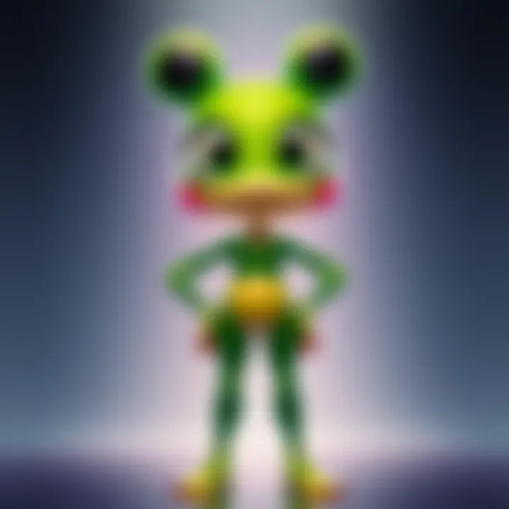 Froppy, a character with frog-like features, stands confidently with her distinctive green outfit and big eyes, showcasing her unique quirk abilities