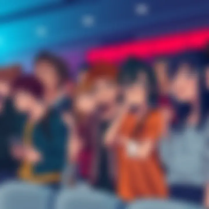 Group of anime fans showing disappointment after watching the first episode, some holding phones and others discussing
