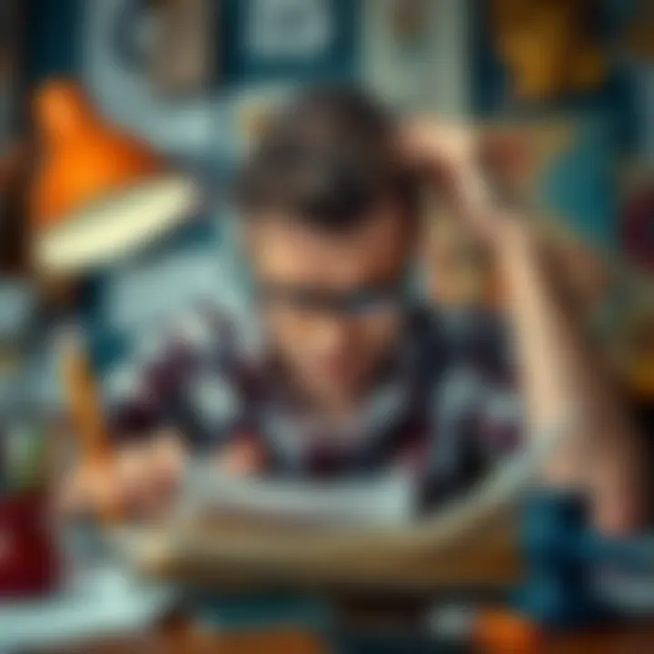 An artist looking stressed while surrounded by papers and creative tools, representing frustrations with copyright laws.