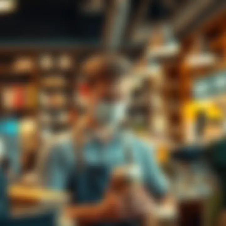 A part-time barista looking stressed while making coffee at Barnes & Noble, surrounded by books and a busy café atmosphere.