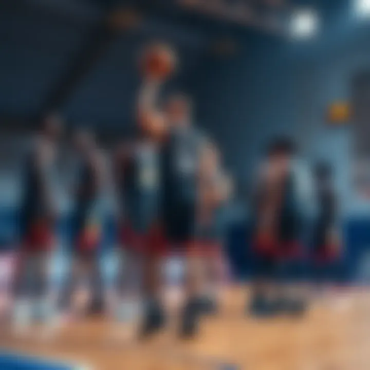 A group of basketball players showing frustration on the court as one player hogs the ball and misses a shot, impacting teamwork.