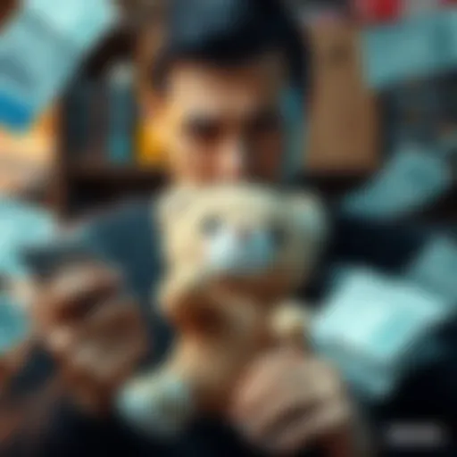 A person looking frustrated while holding a plush toy and surrounded by shipping and customs fee bills