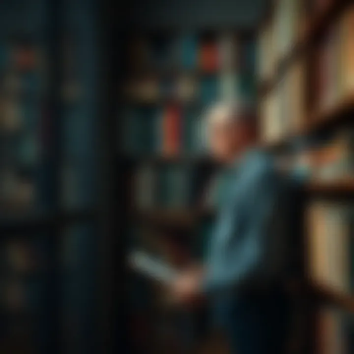 A collector looking at empty spaces on a shelf, frustrated over missing volumes in their book collection