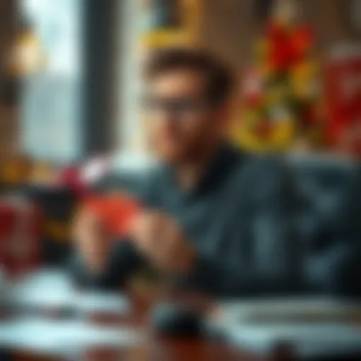 An employee sitting at a desk looking frustrated while holding a Christmas card, with holiday decorations in the background