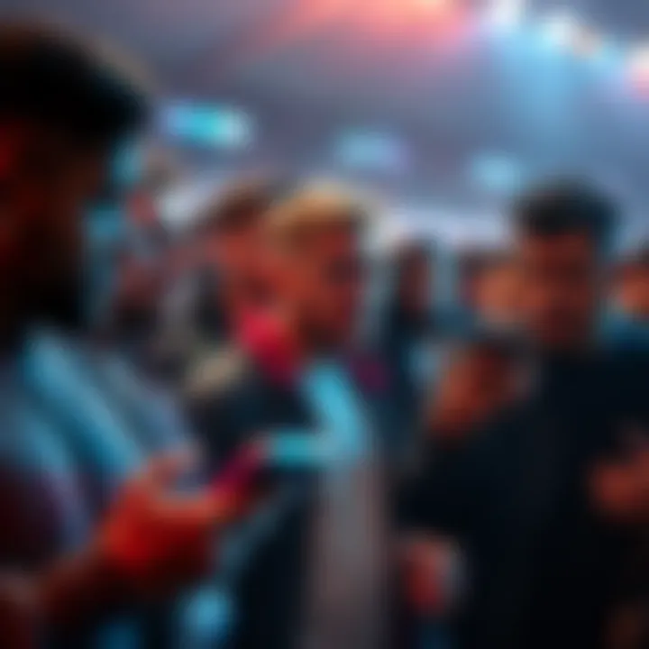 A group of fans looking disappointed while discussing recent updates about Elbaph, with some showing their phones and chatting.